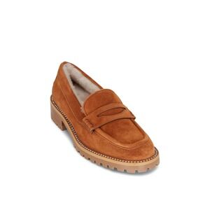 Taryn by Taryn Rose Suede Faux Fur Lined Penny Loafers Women 9 Tan Good Studded